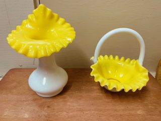 Fenton Art Glass Tiara Basket & Vase.  Ruffled Rim Yellow Overlay Circa 1950s