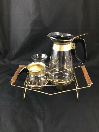Vintage Pyrex Corning 3 Pc Coffee Serving Set W/ Warmer Atomic Starburst
