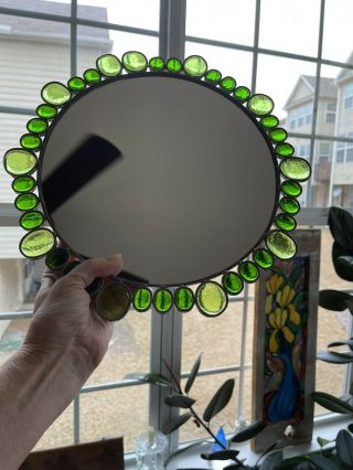 Handmade Round Stained Glass Hanging Mirror Greens Mirror 13x13”