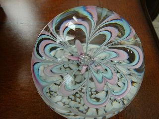 Fratelli Toso Murano Glass Paperweight Pink Blue Ribbon Flower W/ Label