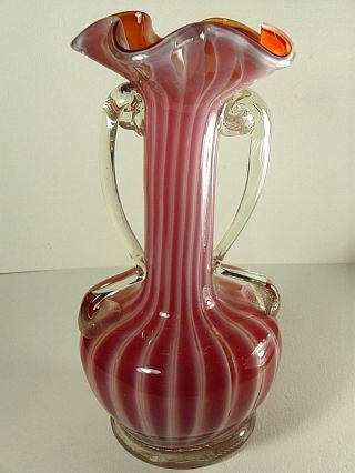 Vintage Italian Art Vase Cranberry Red With White Pin Strips 8.  5 " Tall