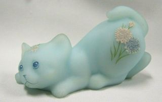 Fenton Cat Hp Coralene Bead Frosted Asters On Blue Satin Hp By Watson