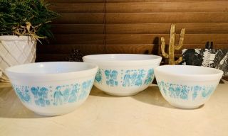 Vintage Pyrex Amish Butterprint Turquoise On White Bowl Set Of 3 - 401 402 402