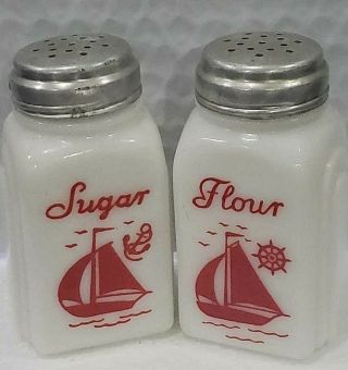 Vintage Mckee Roman Arch Milk Glass Sugar & Flour Shakers Red Sailboat W/lids