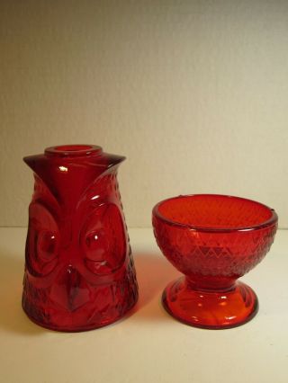 VTG Viking Glass Red Owl Glimmer Fairy Lamp Set 2