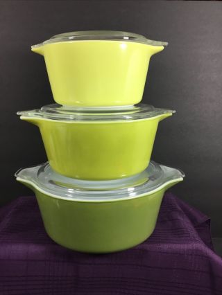 Vintage Pyrex Avocado Green Verde Casseroles W/lids 473,  474,  475 - B
