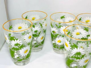 Vintage Libbey Set of 7 Daisy Flower Painted Rim Drinking Glasses USA Signed 2