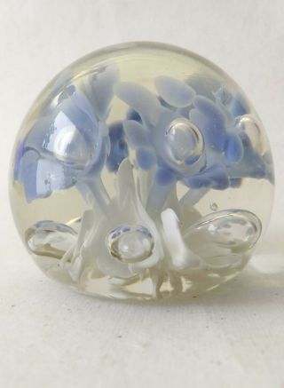 Vintage Art Glass Hand Blown Paperweight Bubbles Periwinkle Flowers White Coral