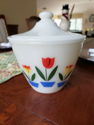 Vintage Fire King Milk Glass Tulips Grease Drip Jar With Lid