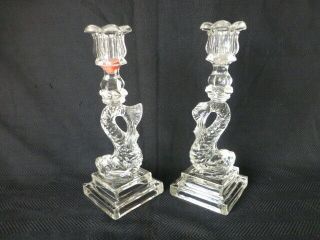 Dolphin Flint Early American Pattern Glass Candle Sticks