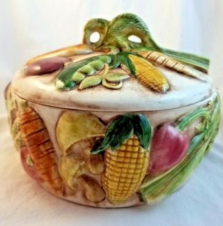 Vintage 1978 Ceramic Covered Vegetable Bowl Lidded Hand Painted 3d Serveware