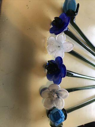 6 Assorted Art Glass Long Stem Glass Flowers 12 " Blue White