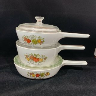 Vintage 3 Piece Corning Ware Skillet Set With Glass Pyrex Lids Spice Of Life