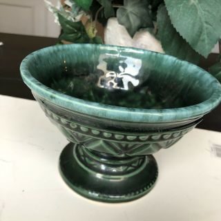 Vintage Hull Pottery Blue Green Ceramic Diamond Footed Pedestal Bowl F27