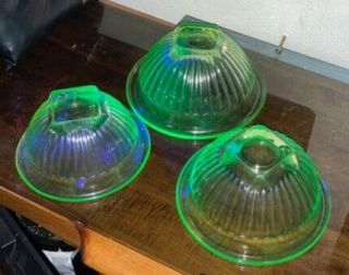 Uranium Glass Hazel Atlas Mixing Bowls Set Vintage Depression Green Vaseline