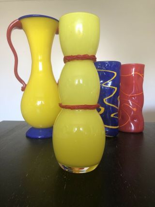 Signed Rony Plesl Czech Hourglass Glass Vase Yellow Red Bohemian