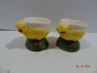 Vintage 2 Bordallo Pinheiro Yellow Chick Porcelain Egg Cups Made In Portugal