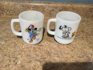 Vtg 1965 Snoopy & 1955 Mickey Mouse Club Fire King Glass Mugs Anchor Hocking