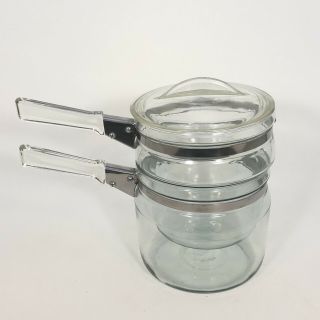 Vintage Pyrex Glass Flameware Double Boiler 1.  5 Qt Saucepan - Small Chip In Lid