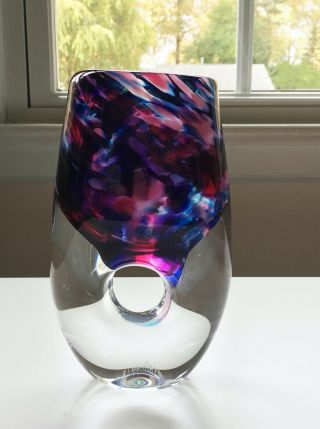 Contemporary Handblown Glass Vase Signed M.  McKinney ‘79 Blues Violets Crystal 3