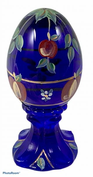 Signed Limited Edition Fenton Glass Art Cobalt Blue Hand Painted Egg Apple Tree
