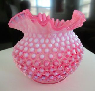 Vintage Fenton Art Glass Pink Cranberry And White Hobnail Polka Dot Ruffled Vase