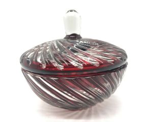 Vintage Bohemian Czech Crystal Glass Rose Bowl Ruby Red Cut To Clear Dresser Jar