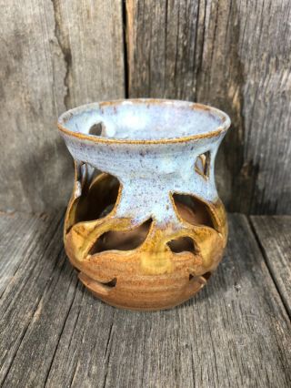 Canterbury Pottery Candle Holder Hand Crafted Artist Signed Blue Brown Clay