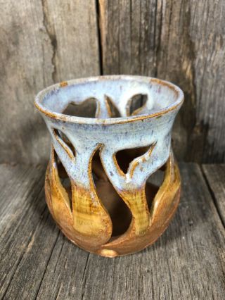 Canterbury Pottery Candle Holder Hand Crafted Artist Signed Blue Brown Clay 2