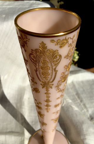 1940 Cambridge Glass Crown Tuscan Rosepoint Vase - Pink - Gold Etched Floral