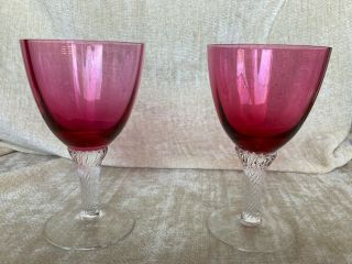 2 George Borgfeldt Cranberry Optic Lisa Water Goblets C.  1950,  6 1/8 " Tall