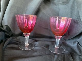 2 George Borgfeldt Cranberry Optic Lisa Water Goblets c.  1950,  6 1/8 