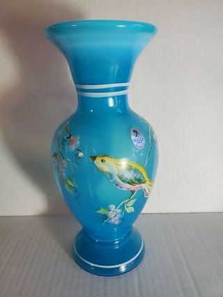 Fenton Turquoise Vase With Hand Painted Bird And Flowers