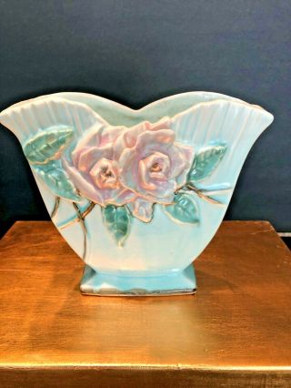 Vintage Mccoy Green Vase With Pink Flowers