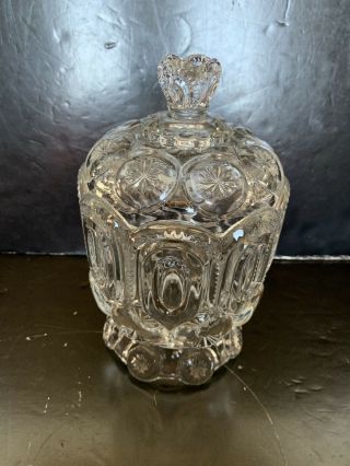 Vintage LE Smith Moon and Stars Clear Glass Covered Candy Dish 7 1/2” 2