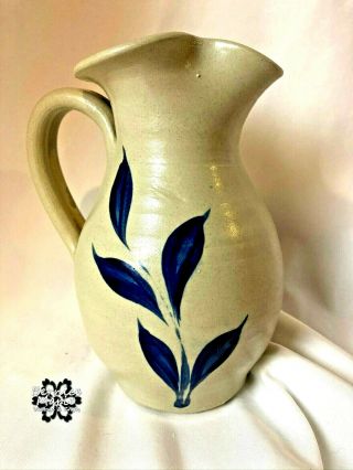 1993 Williamsburg Pottery 6 " Stoneware Pitcher Vase Cobalt Blue Leaf Salt Glazed