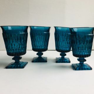 4 - Vintage Indiana Glass Blue Mt Vernon Square Footed Glasses Goblets