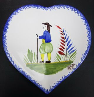 Keraluc Quimper France Heart Shaped Trinket Dish Tray Man Folk Art Traditional