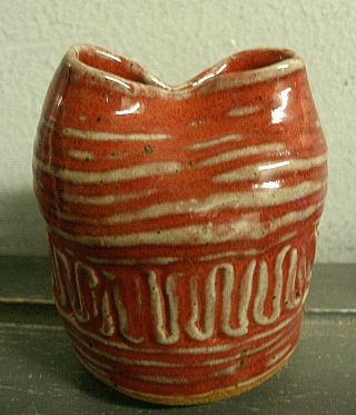Vintage Studio Art Pottery Stoneware Vase Abstract Artist Signed - Burgundy Red