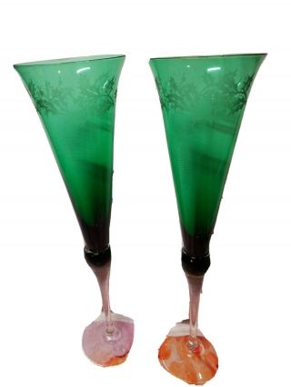 Lenox For The Holidays.  Holiday Gems Toasting Flutes Emerald.  Set Of Two 1998