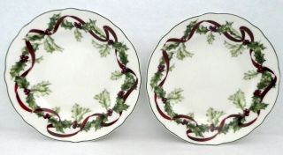 Charter Club Winter Garland Holly Ribbon Luncheon Salad Plates Set Of 2 9 "