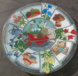Peggy Karr Fused Glass 11.  25 Platter Red Wheelbarrow Gardener Flower Bird House