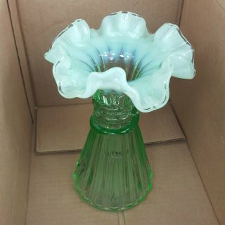 Fenton Art Glass Green Wheat Vase Opalescent White Ruffle Clear Edge 7.  5 "