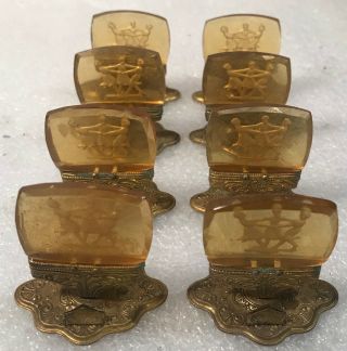 Set Of 8 Vintage Amber Intaglio Glass Czech Place Card Holders