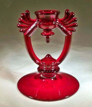 Martinsville Glass Co.  Moondrops Ruby Red Wings 5 " Tall Single Candleholder