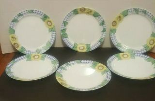 Corelle Sunsations Dinner Plates 10 1/4 " Sunflowers Blue Gingham Set Of 6