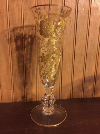 Vintage Cambridge Keyhole Stem Footed Vase Gold Encrusted Wildflower 10 " Tall