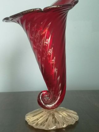 Vintage Salviati Venetian Glass Red And Gold Cornucopia Vase Murano Italy