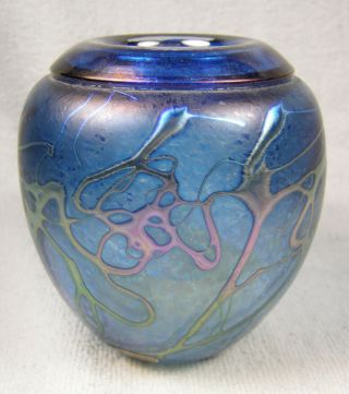 Vintage Robert Held Art Glass Blue Iridescent Textured Vase - Signed