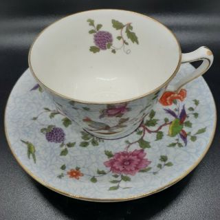 Antique Crown Staffordshire Tea Cup & Saucer Birds Parrots Flowers England Berry